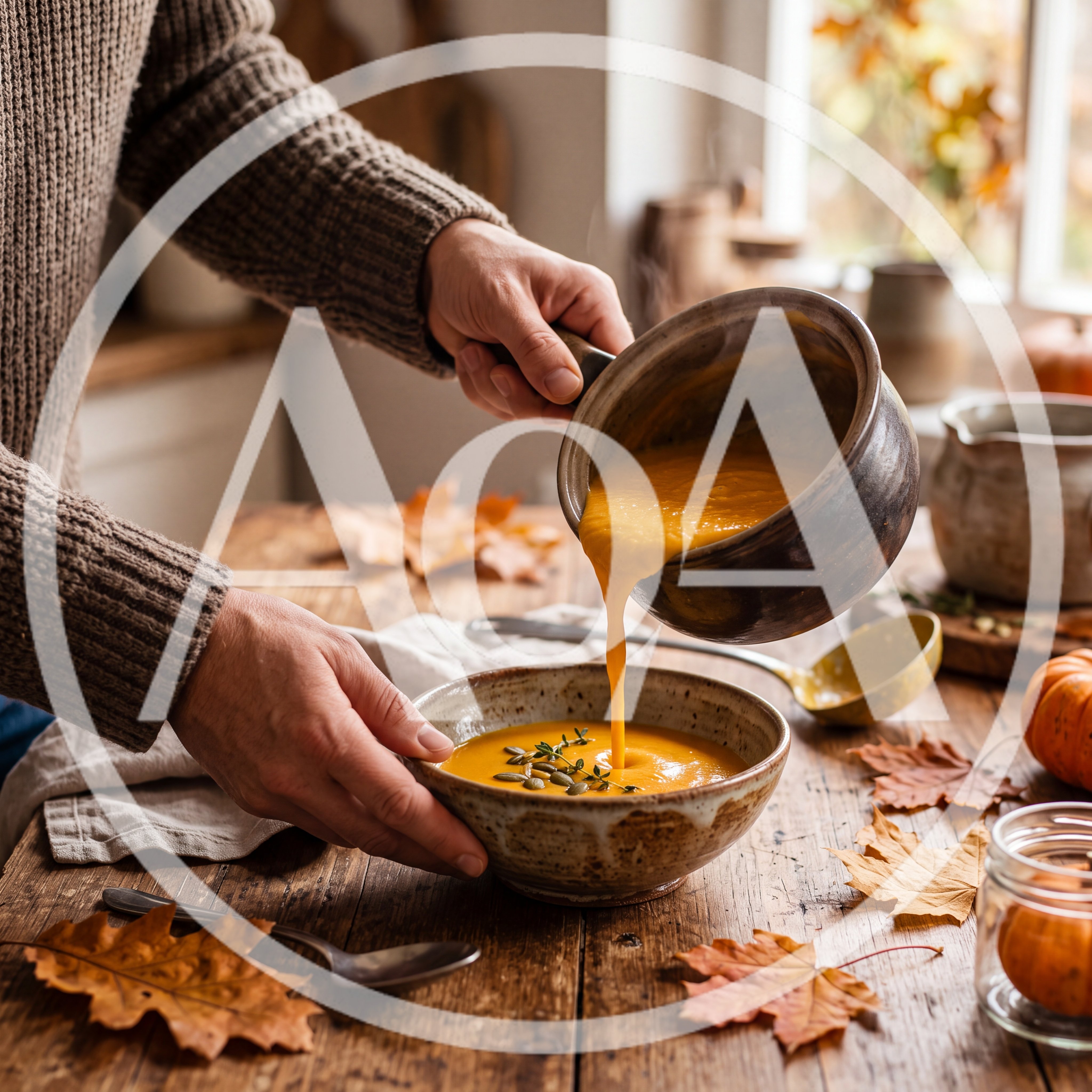 Person Pouring Pumpkin Soup Into A Rustic Bowl