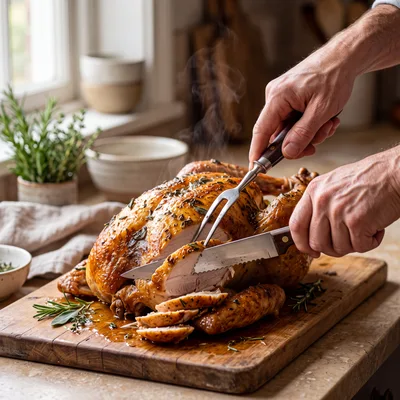 Carving A Roasted Thanksgiving Turkey On Wooden Board