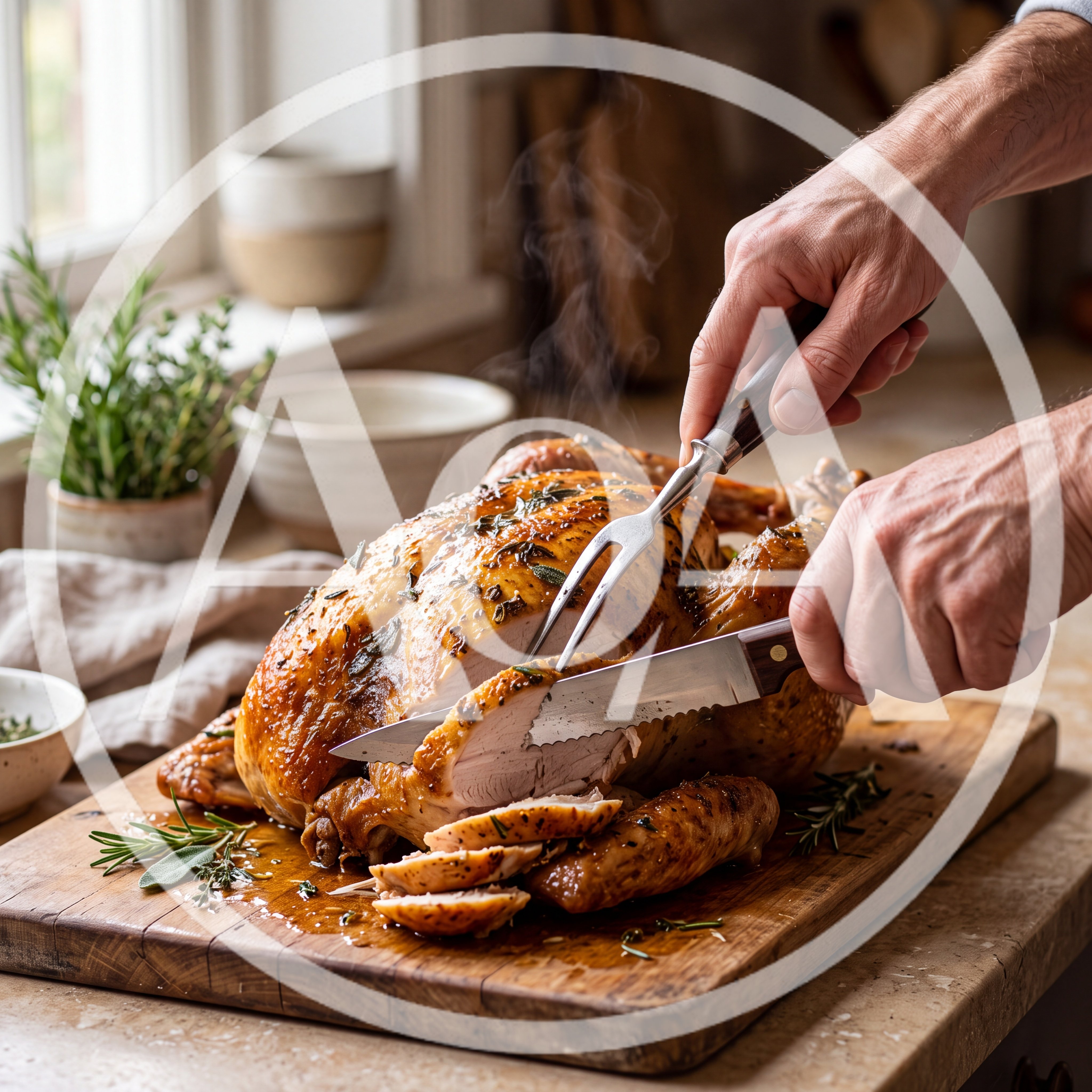 Carving A Roasted Thanksgiving Turkey On Wooden Board