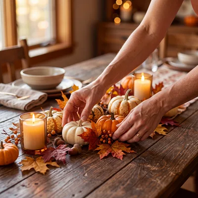 Woman Decorating A Rustic Thanksgiving Table Centerpiece
