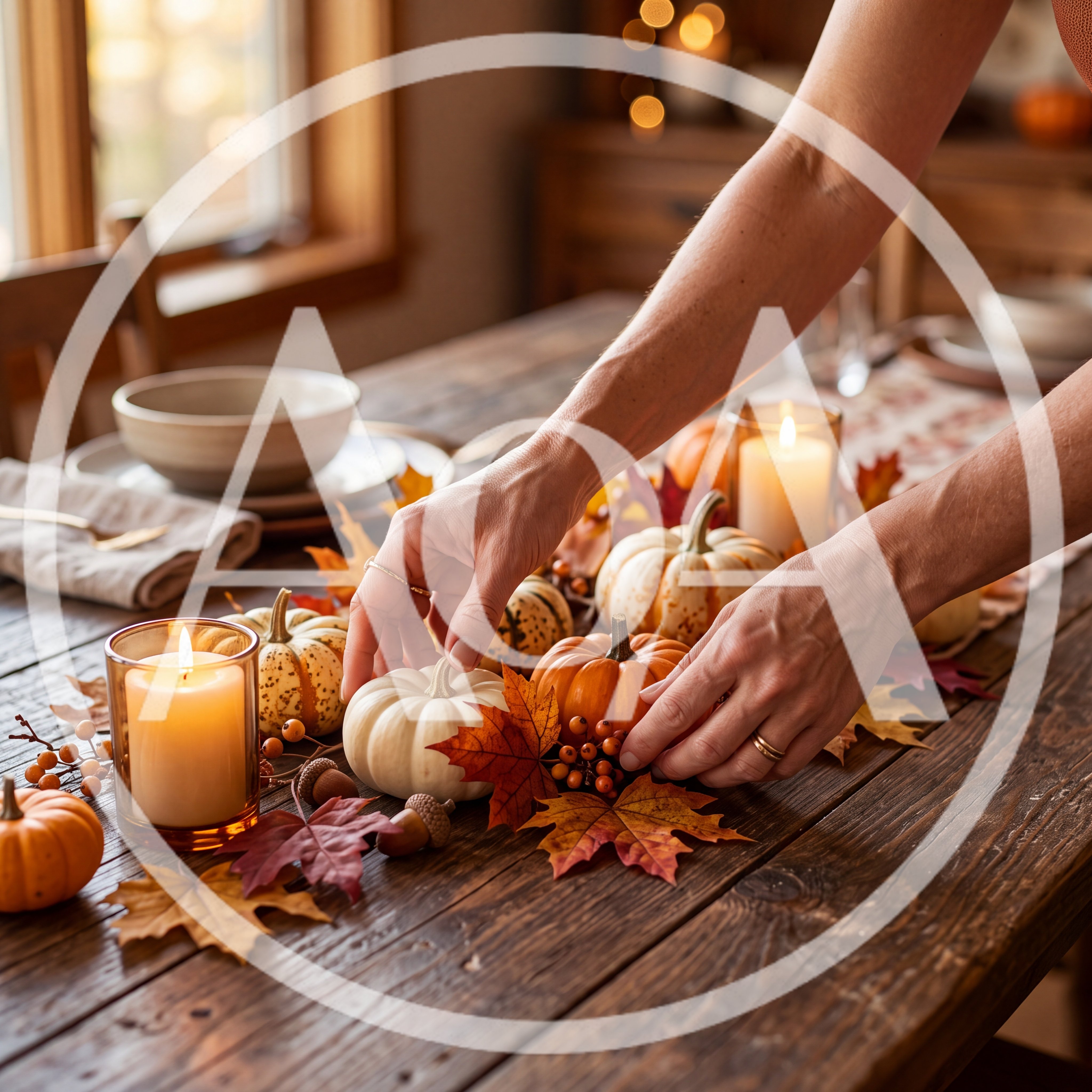 Woman Decorating A Rustic Thanksgiving Table Centerpiece
