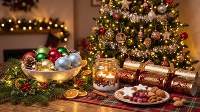 Christmas Table Setting With Ornaments And Festive Treats