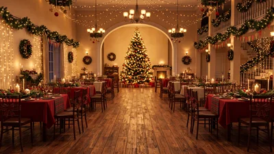 Elegant Christmas Banquet Hall With Festive Decorations