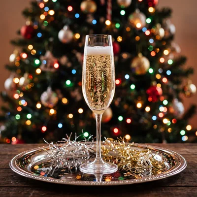 Champagne Flute on Silver Tray with Christmas Tree Background