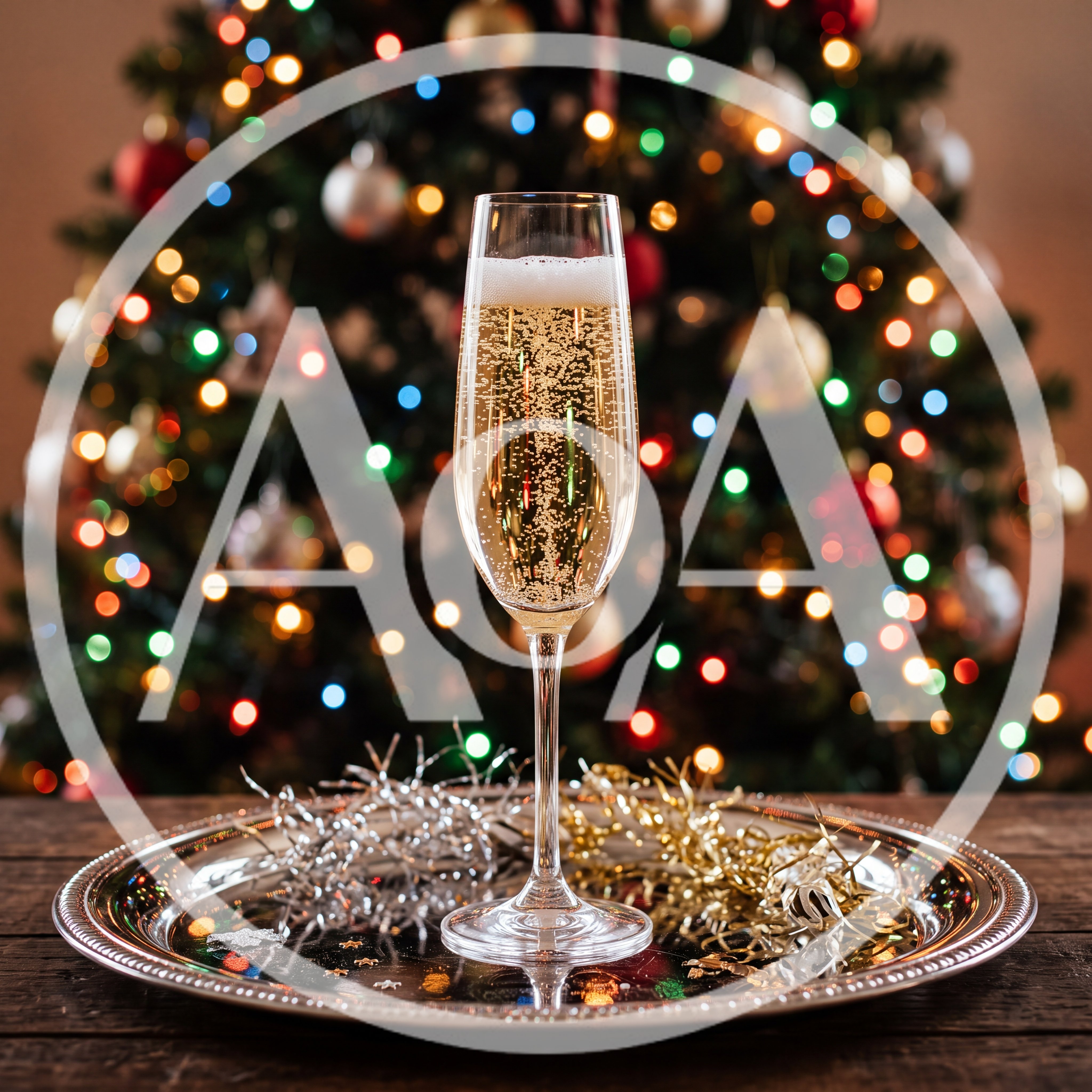 Champagne Flute on Silver Tray with Christmas Tree Background