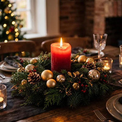 Christmas Table Centerpiece With Red Candle And Ornaments