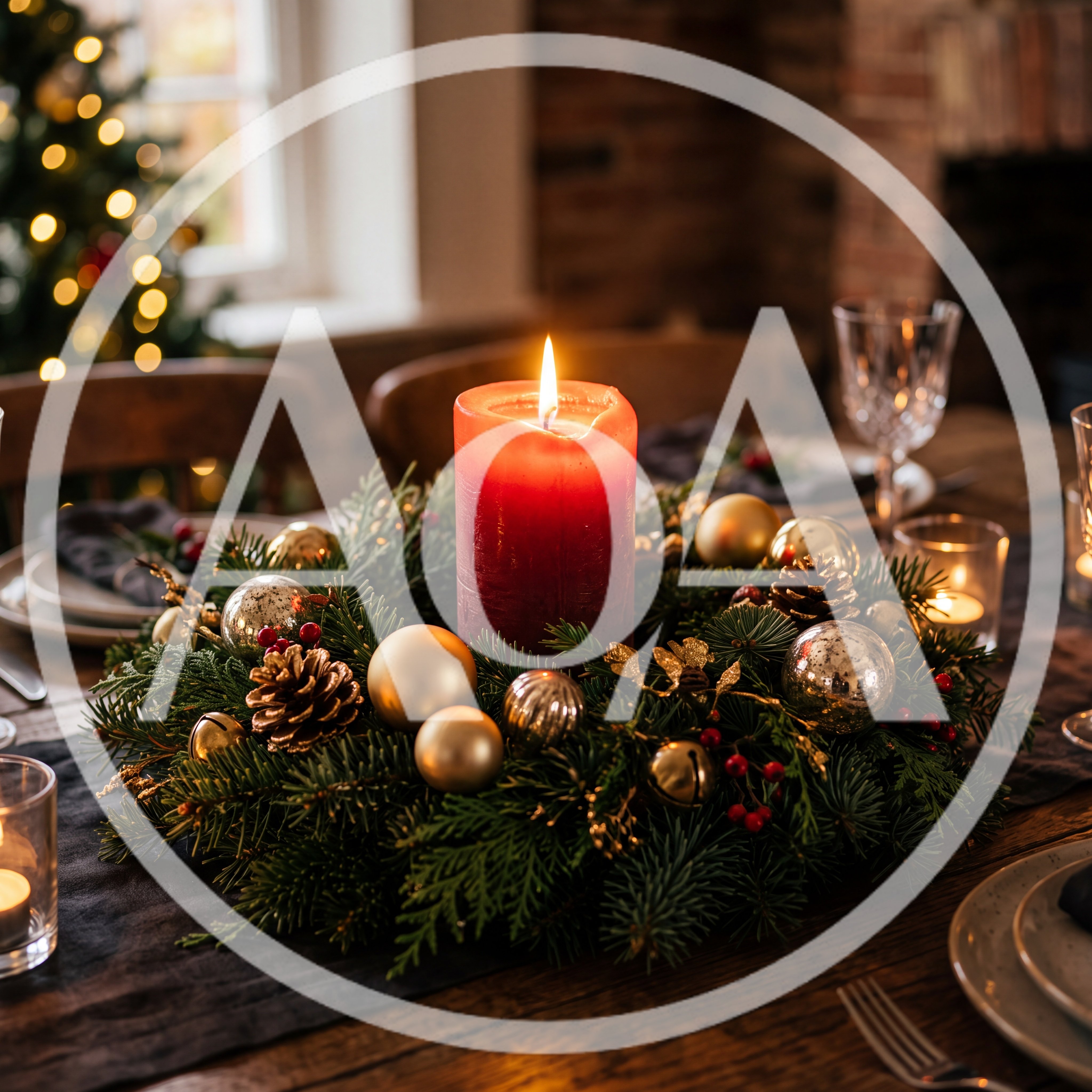Christmas Table Centerpiece With Red Candle And Ornaments