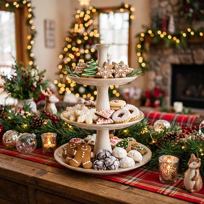 Three Tiered Christmas Cookie Stand on Festive Table