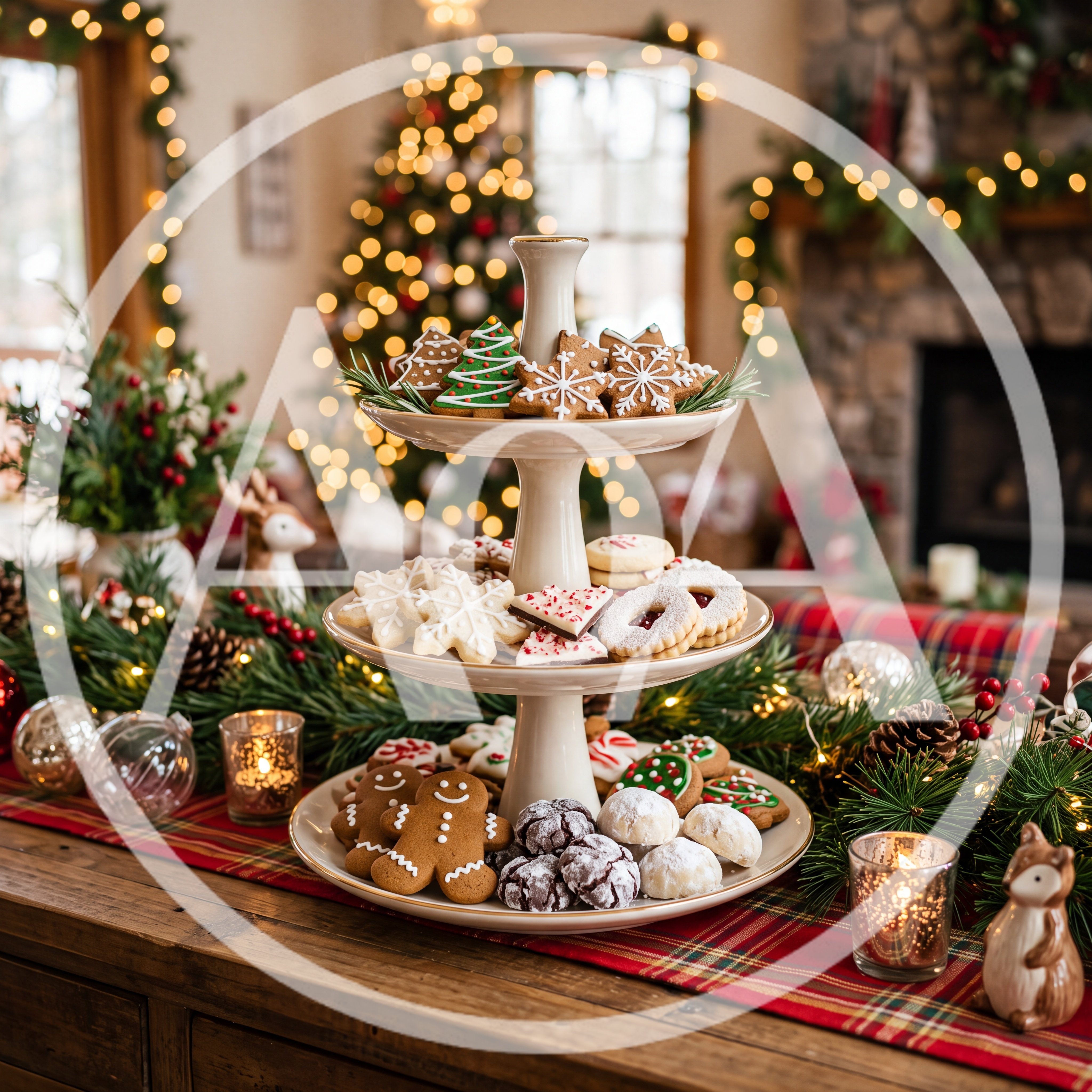 Three Tiered Christmas Cookie Stand on Festive Table