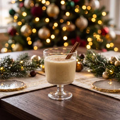 Glass Of Eggnog With Cinnamon Stick On Holiday Table