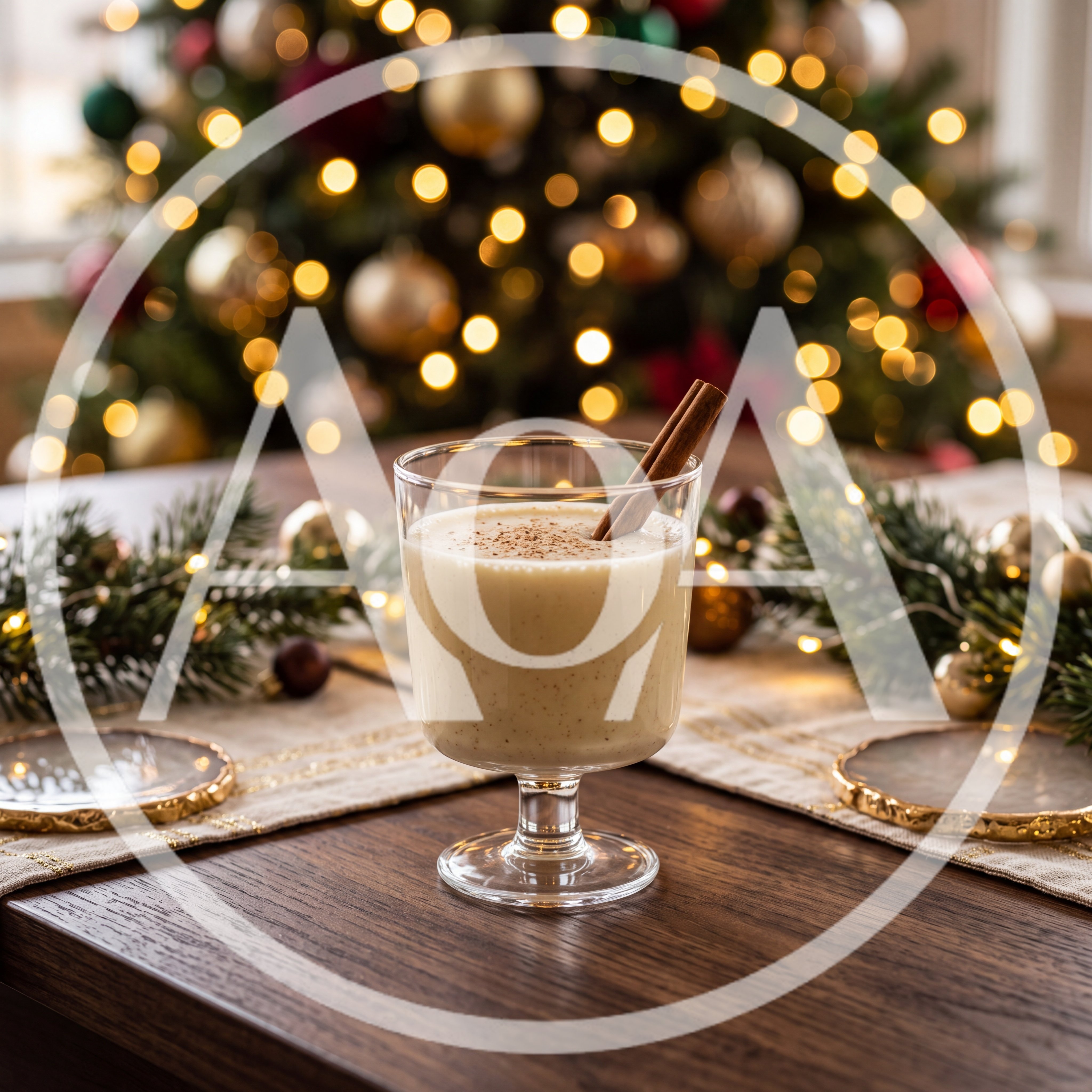 Glass Of Eggnog With Cinnamon Stick On Holiday Table