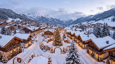 Aerial View Of A Snowy Alpine Christmas Village