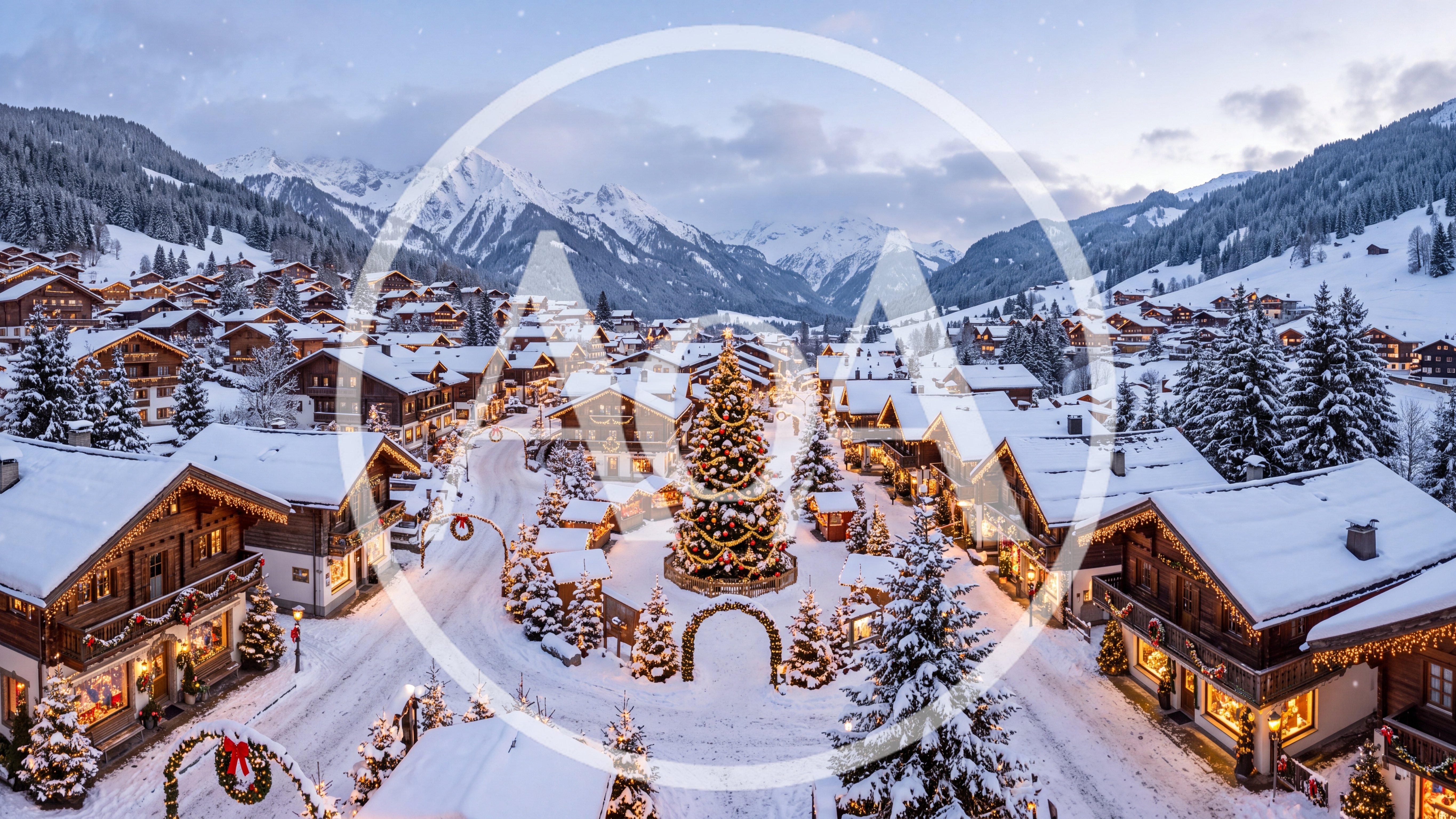 Aerial View Of A Snowy Alpine Christmas Village