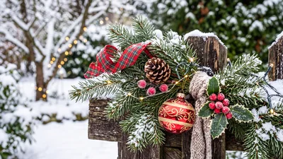 Christmas Decoration on a Snowy Wooden Fence