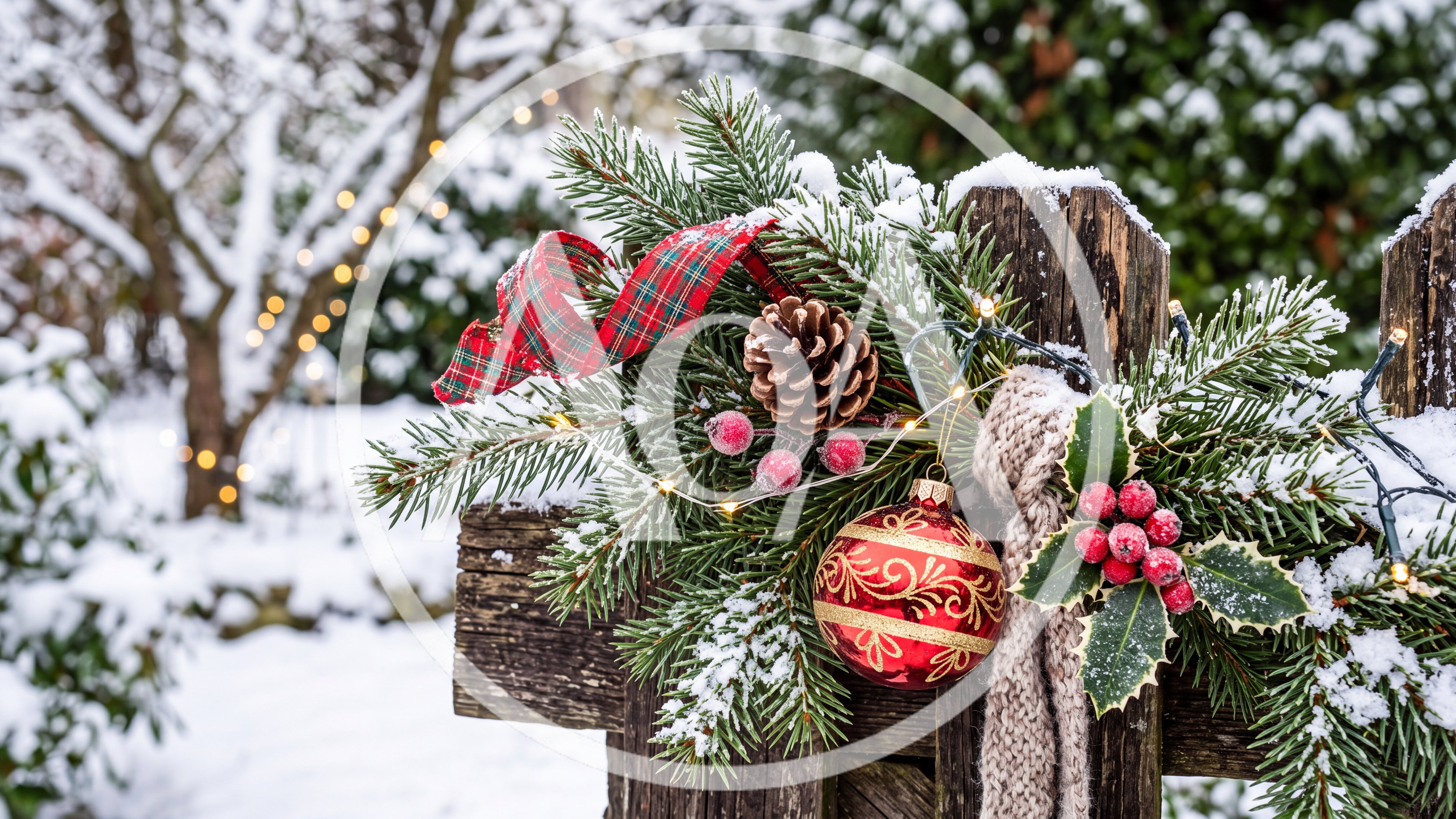 Christmas Decoration on a Snowy Wooden Fence