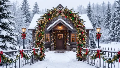Festive Christmas Archway Entrance To Snowy Cabin