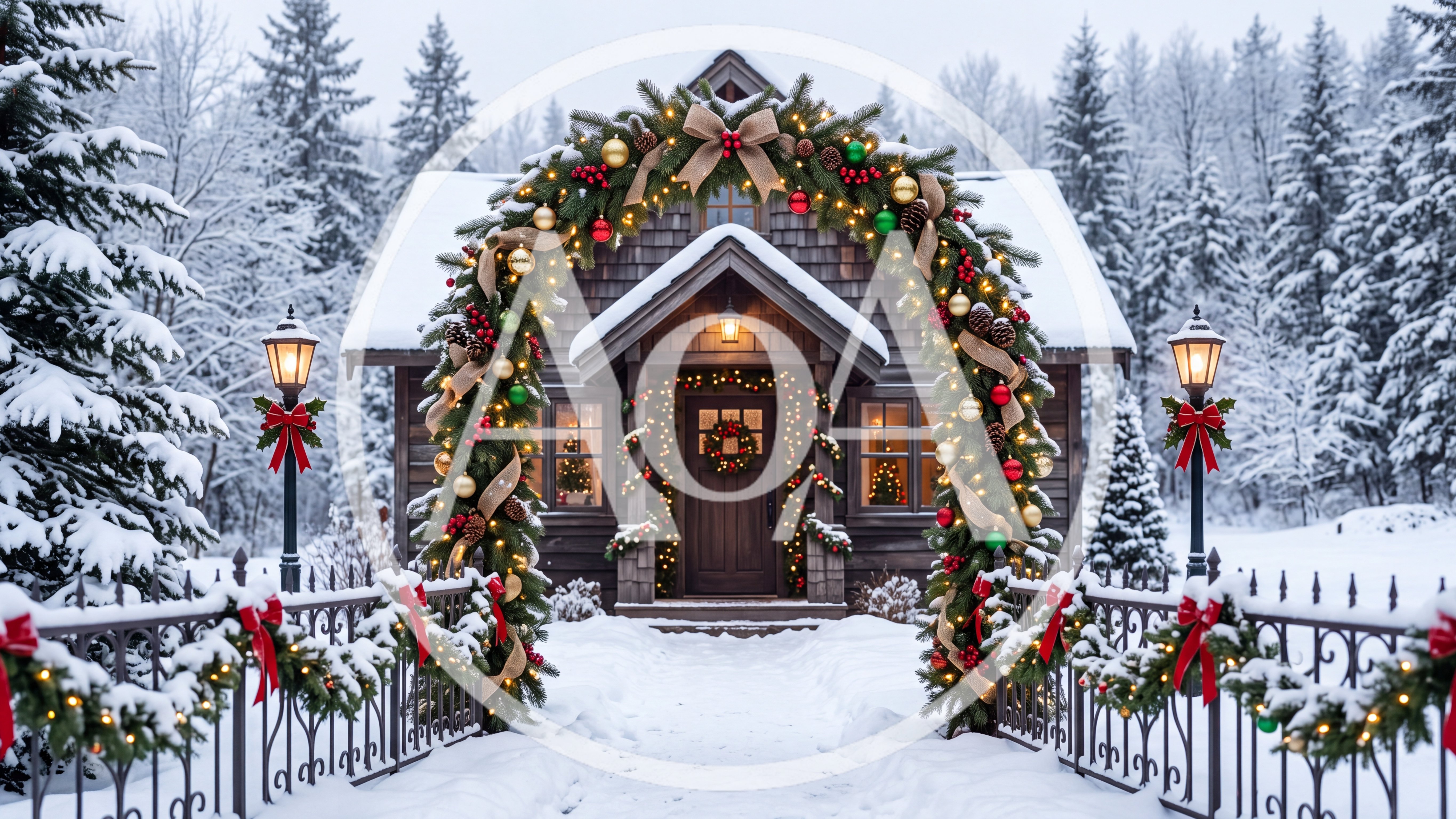 Festive Christmas Archway Entrance To Snowy Cabin