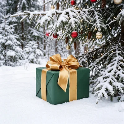 Green Christmas Gift Box Under Snowy Pine Tree