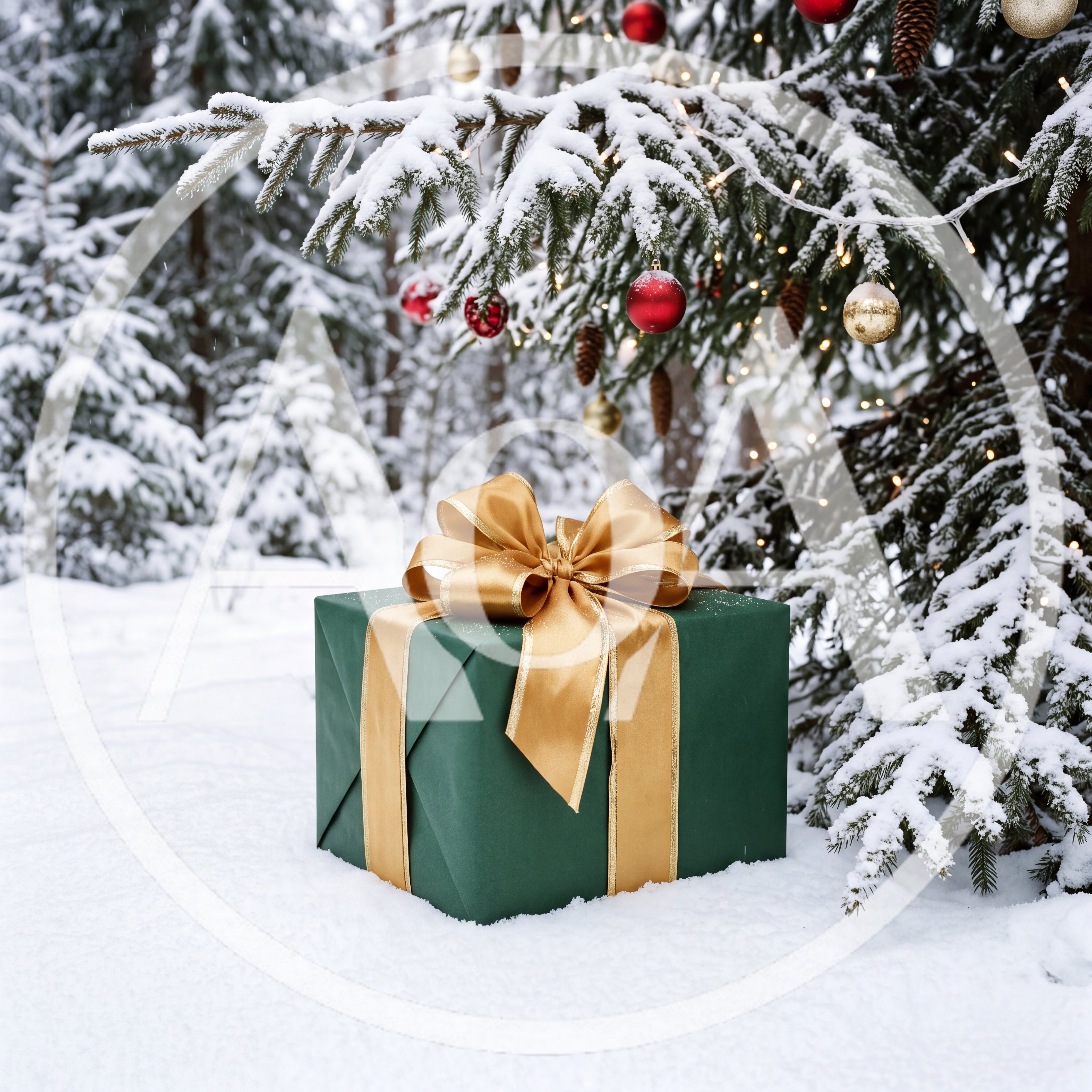 Green Christmas Gift Box Under Snowy Pine Tree
