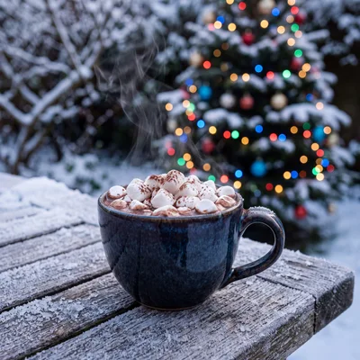 Steaming Hot Chocolate With Marshmallows On Snowy Table