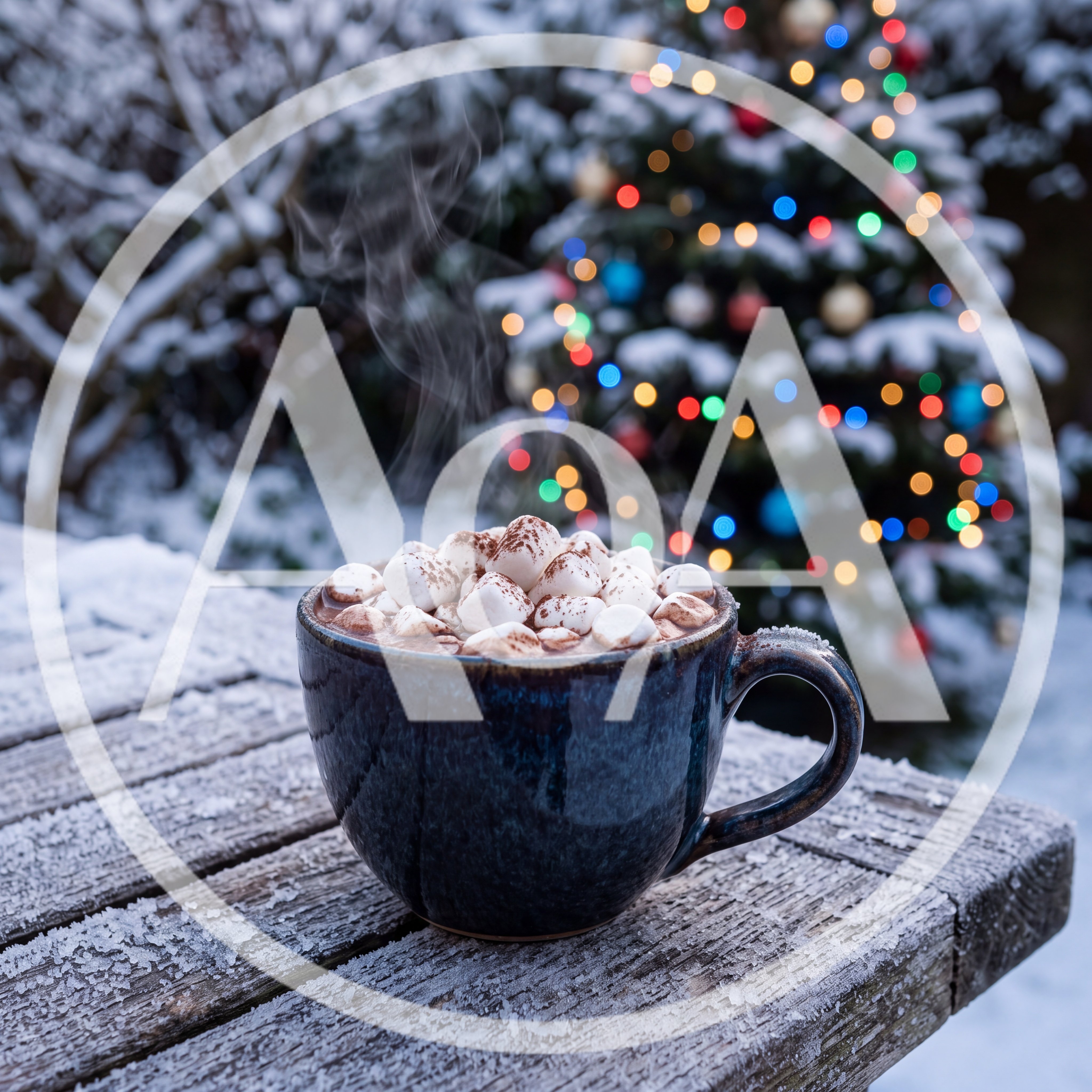 Steaming Hot Chocolate With Marshmallows On Snowy Table