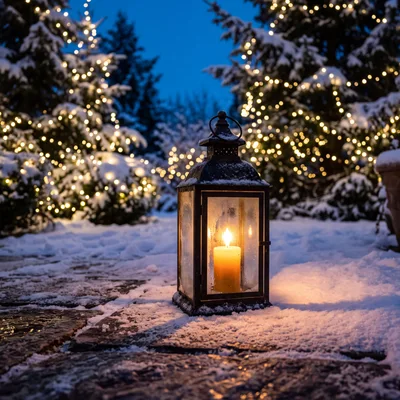 Lit Candle Lantern On Snowy Patio At Night