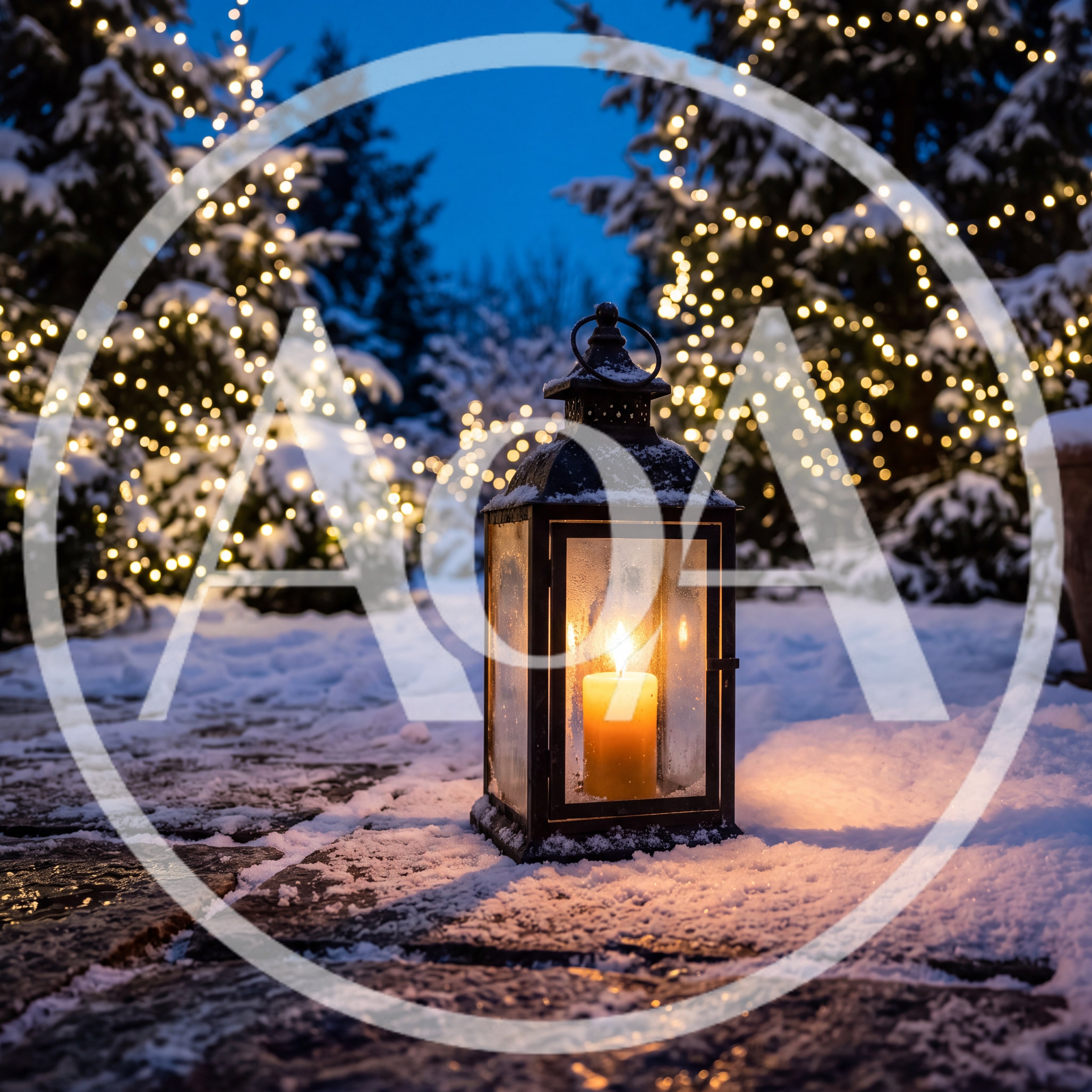 Lit Candle Lantern On Snowy Patio At Night