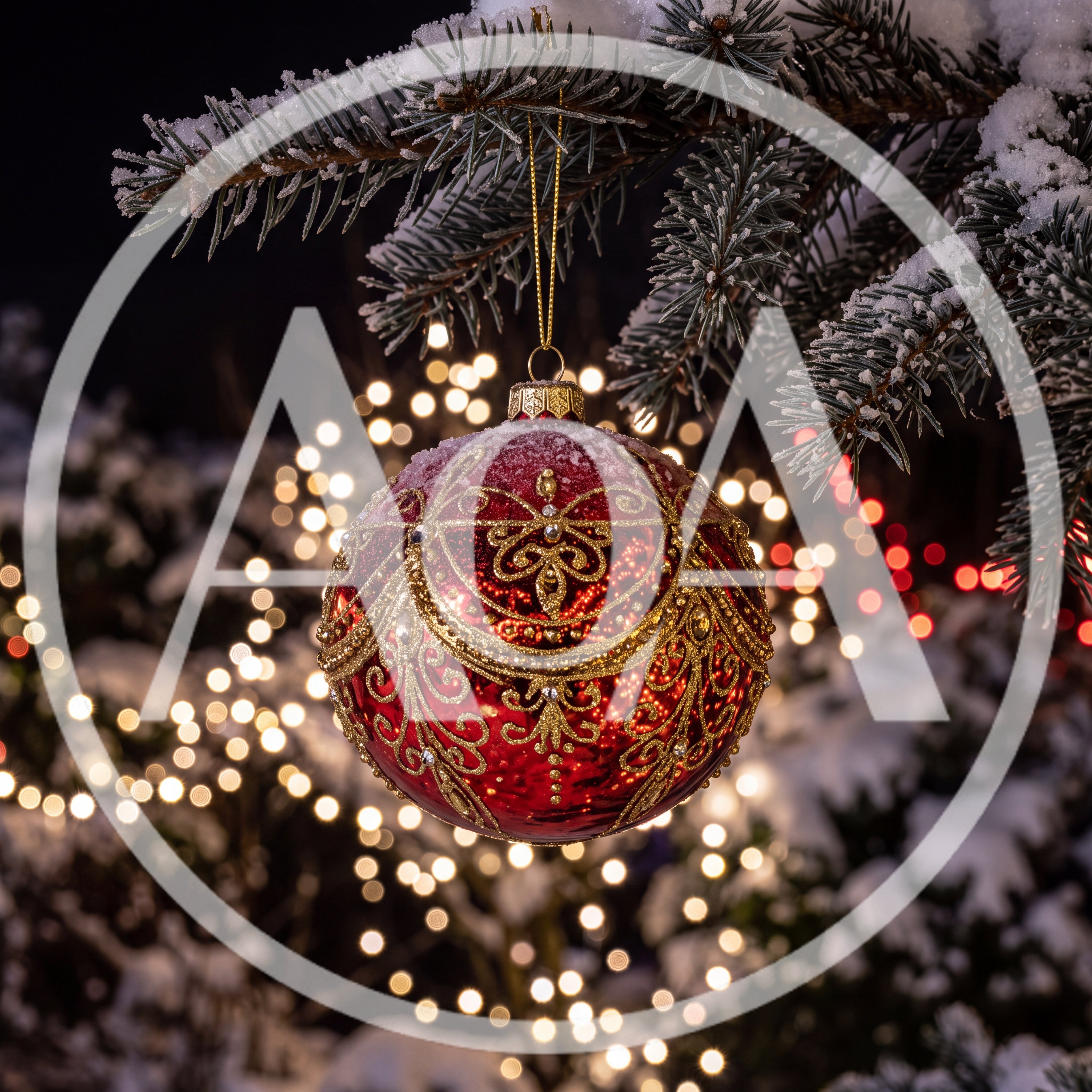 Red Christmas Ornament Hanging on Snowy Pine Branch