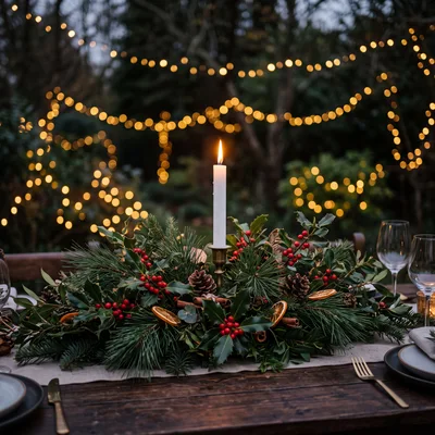 Festive Christmas Table Centerpiece With Candle And Fairy Lights
