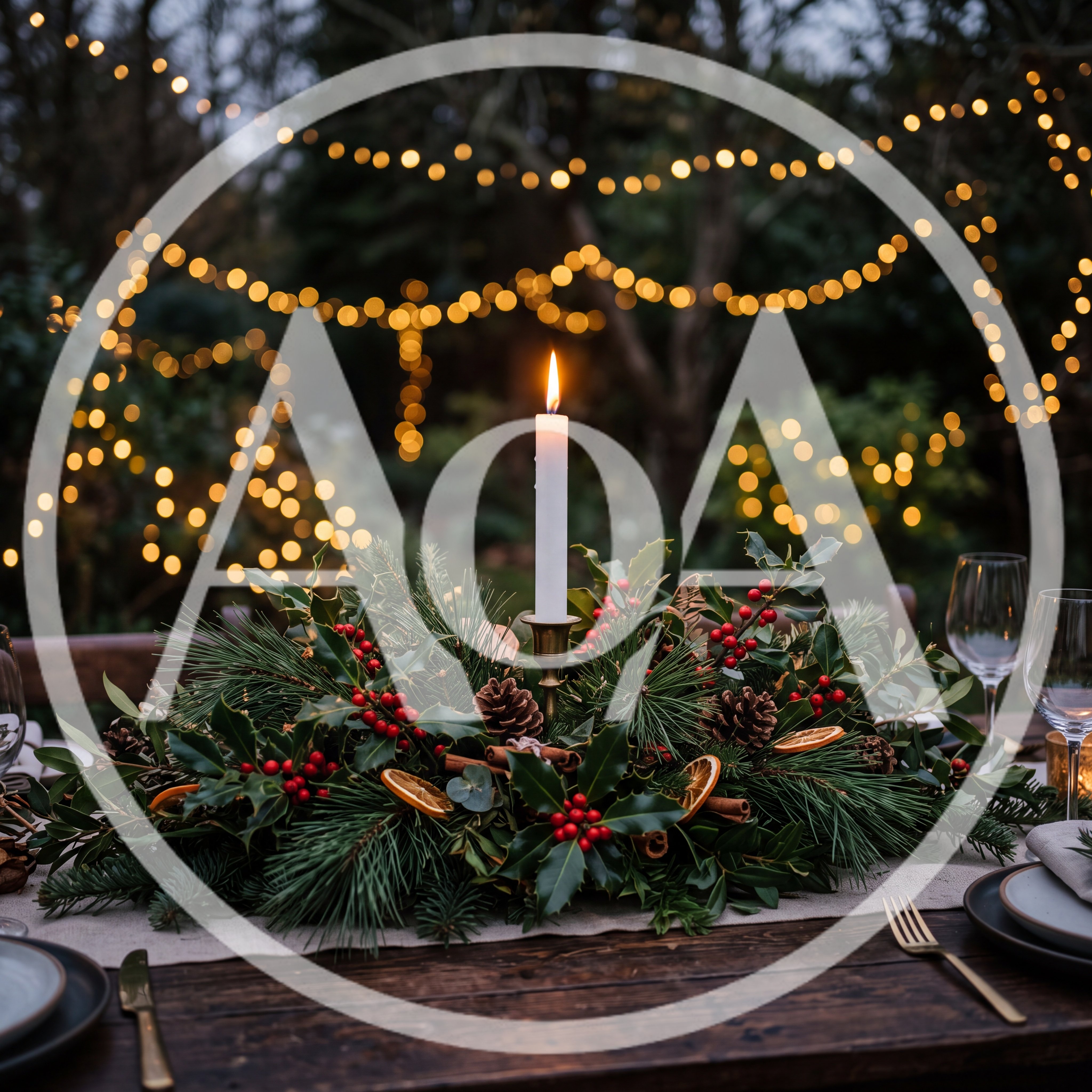 Festive Christmas Table Centerpiece With Candle And Fairy Lights