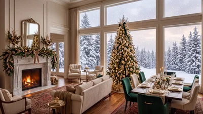 Luxury Living Room With Christmas Tree And Dining Area