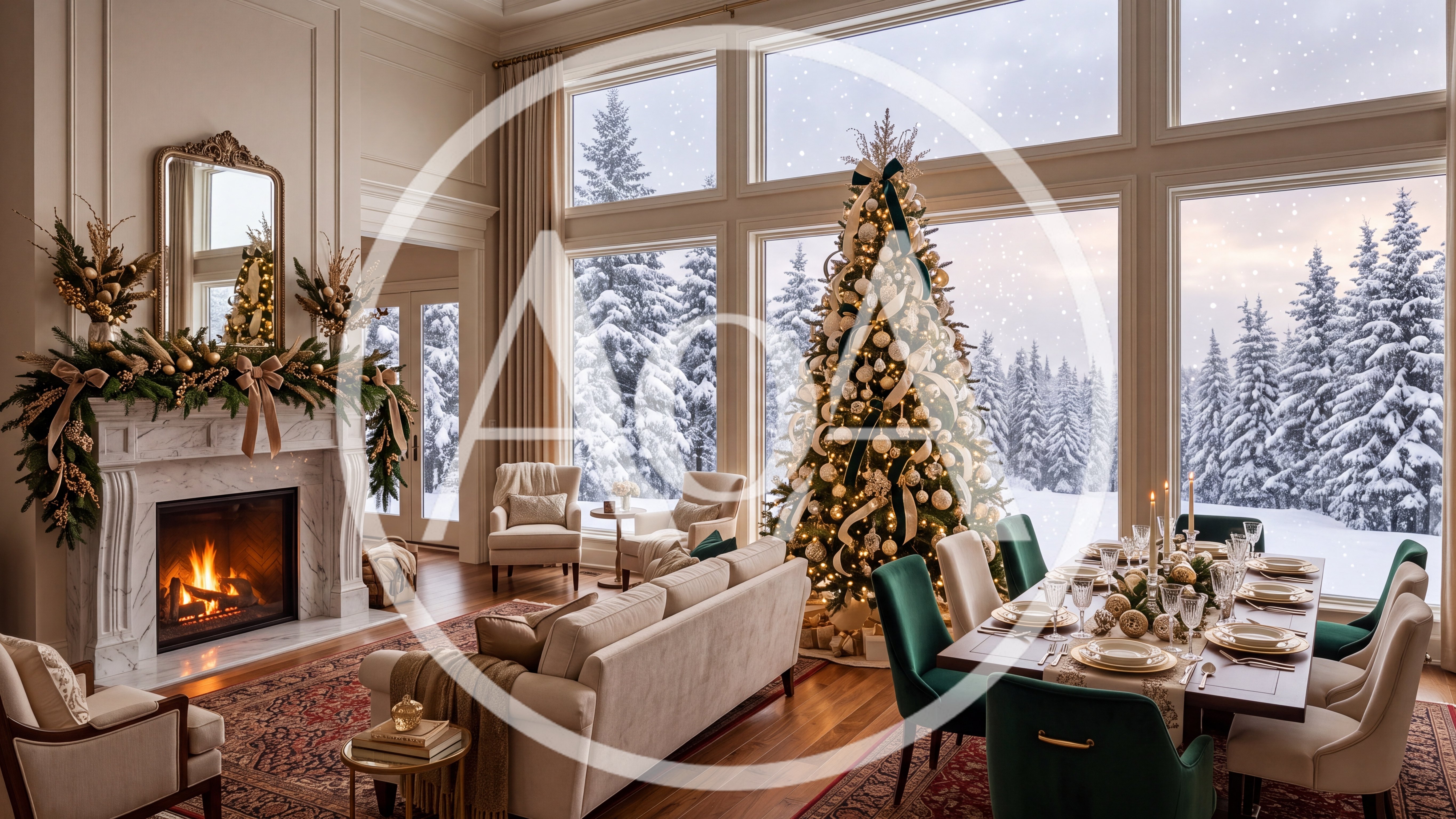 Luxury Living Room With Christmas Tree And Dining Area