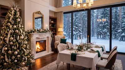 Elegant Christmas Dining Room With Decorated Tree And Fireplace