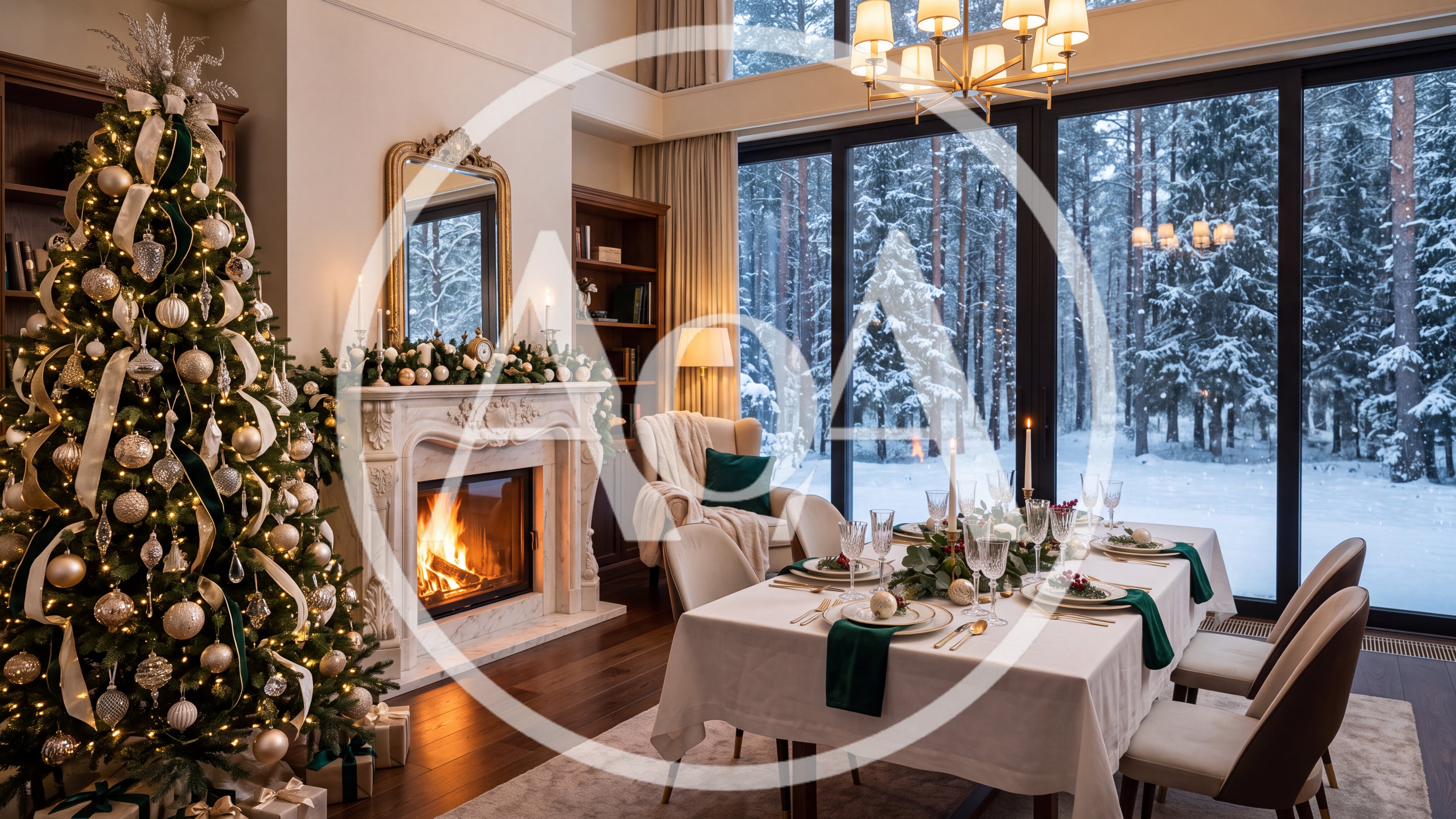 Elegant Christmas Dining Room With Decorated Tree And Fireplace