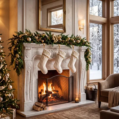 Elegant Christmas Fireplace Decor With Stockings And Tree