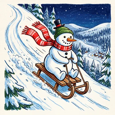 Snowman Sledding Down A Snowy Hillside