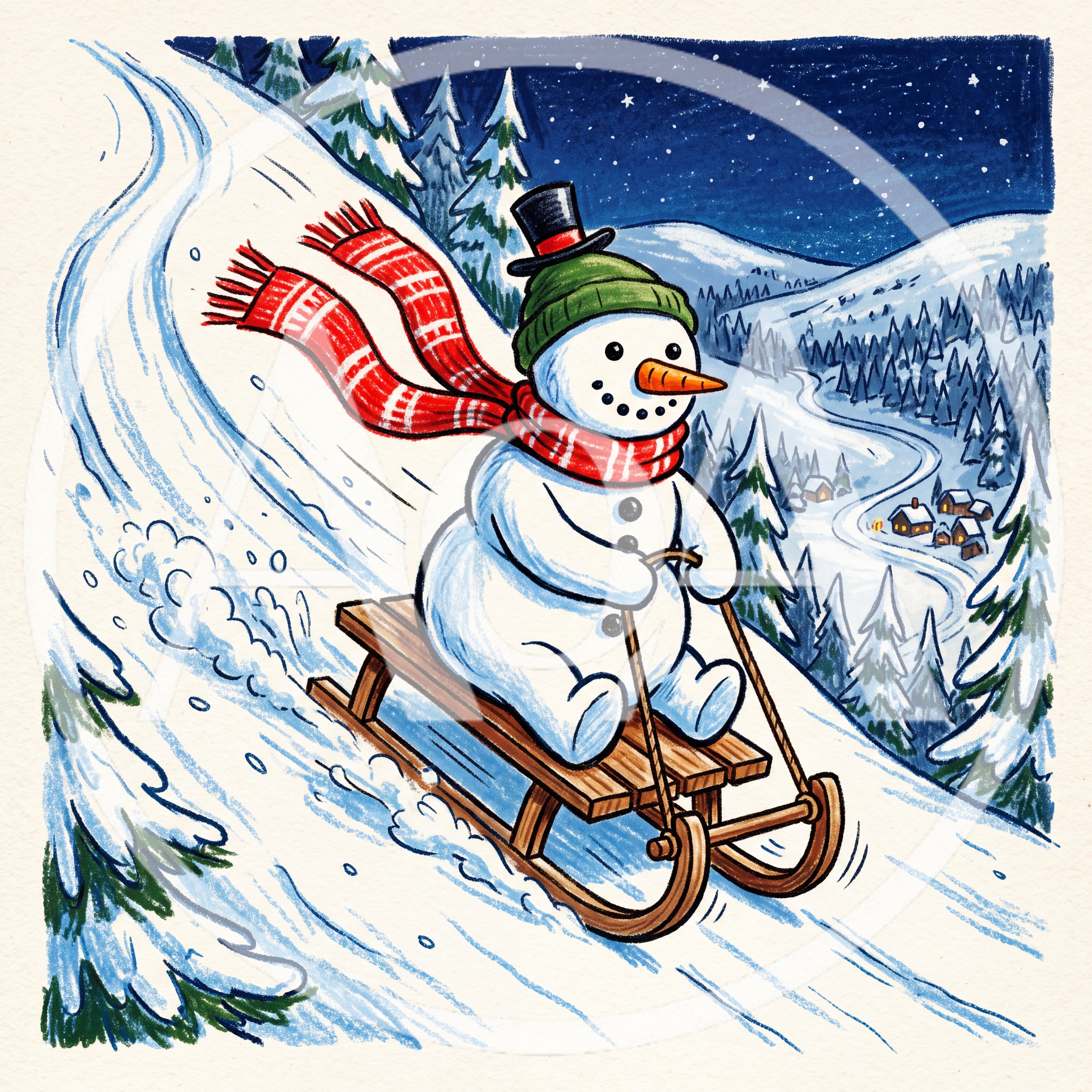 Snowman Sledding Down A Snowy Hillside