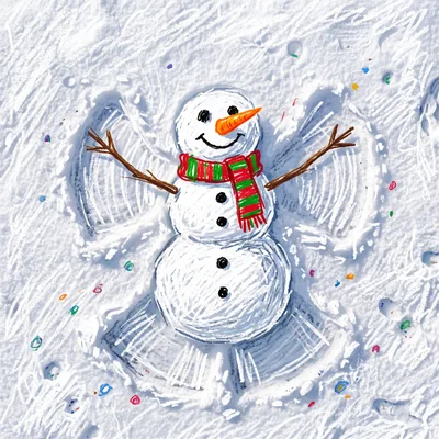 Snowman Drawing With Angel Wings In Fresh Snow