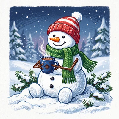 Cute Snowman Holding A Hot Mug In Winter