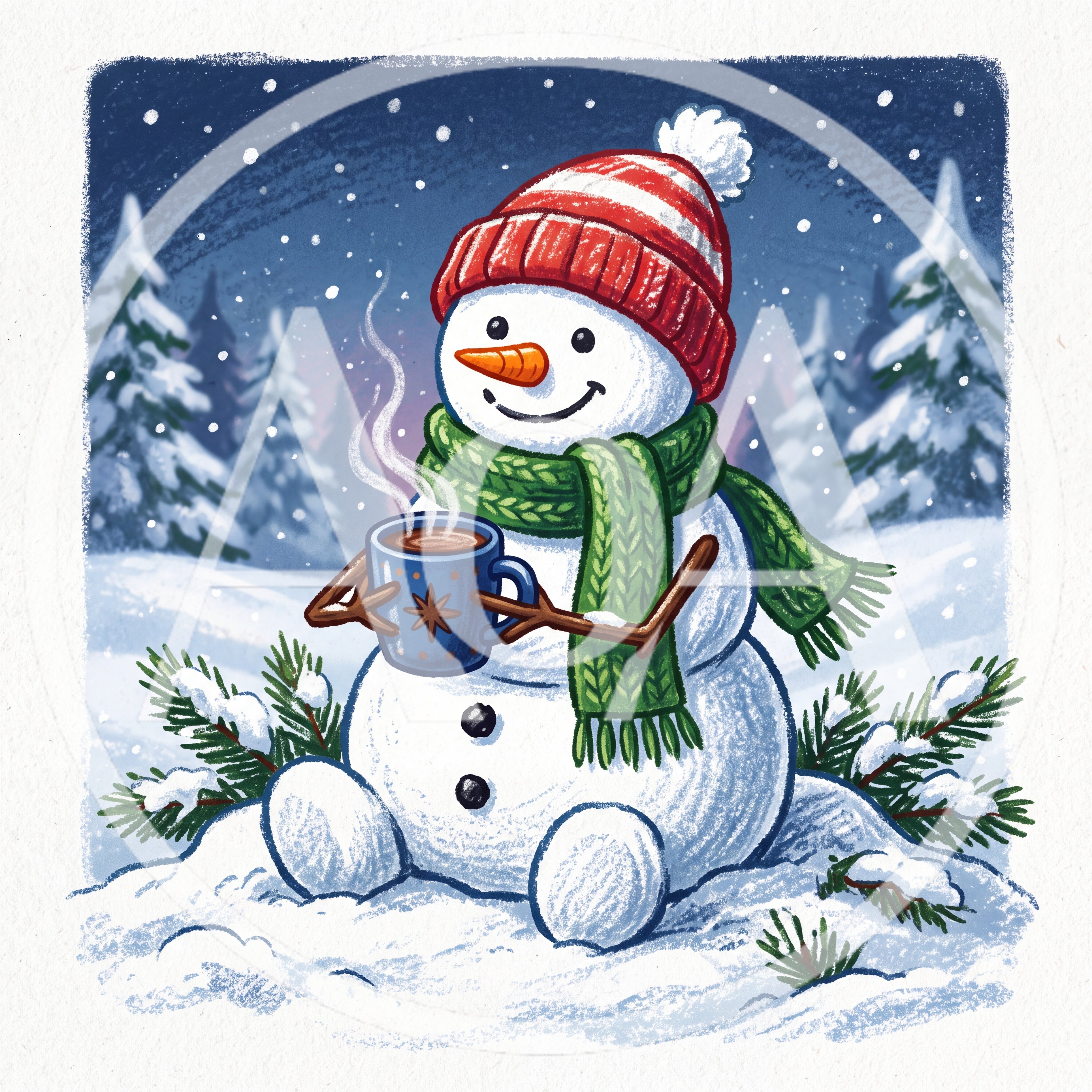 Cute Snowman Holding A Hot Mug In Winter
