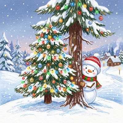 Cute Snowman Peeking Behind A Decorated Christmas Tree
