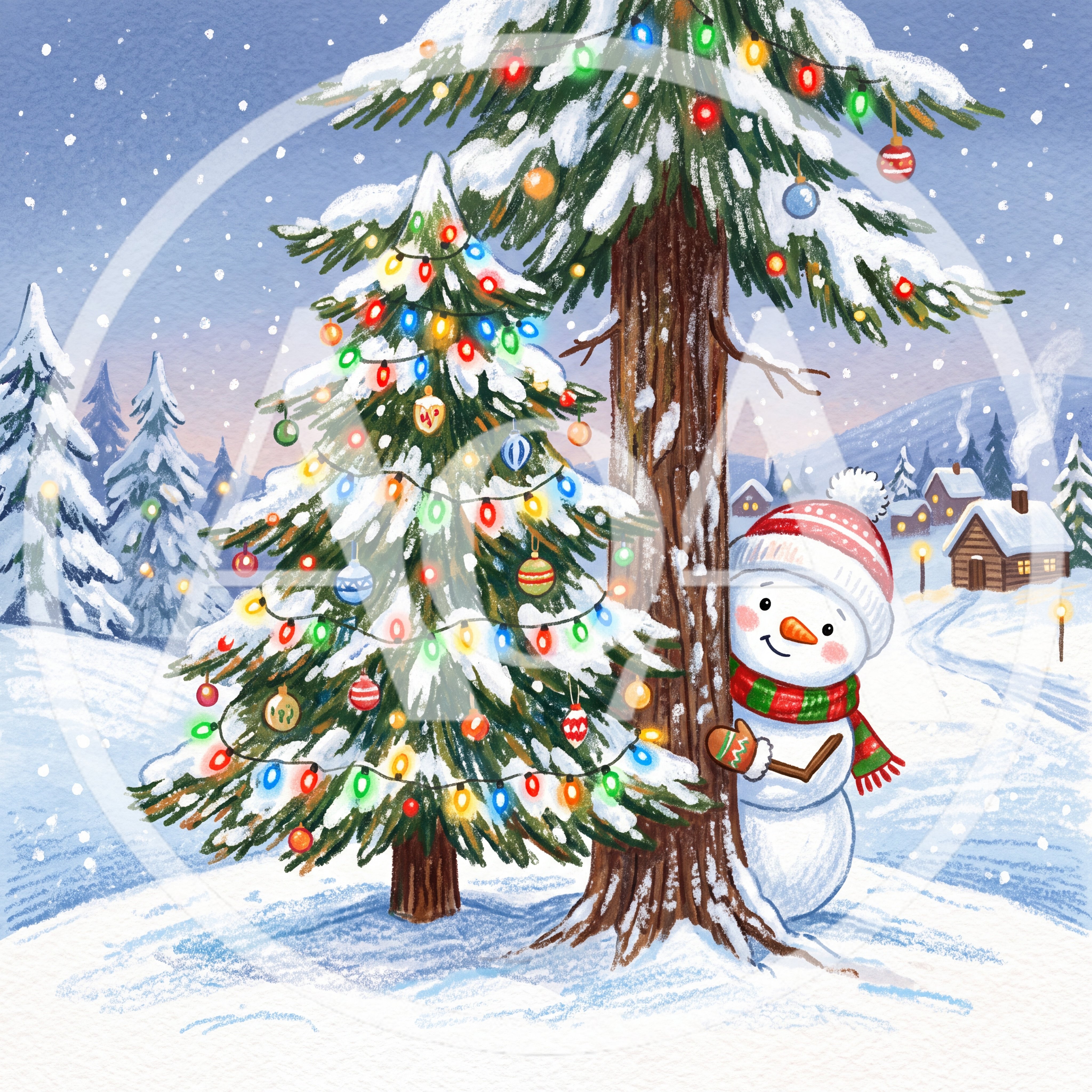 Cute Snowman Peeking Behind A Decorated Christmas Tree