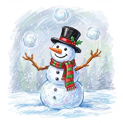 Cheerful Snowman Juggling Snowballs In Winter Landscape