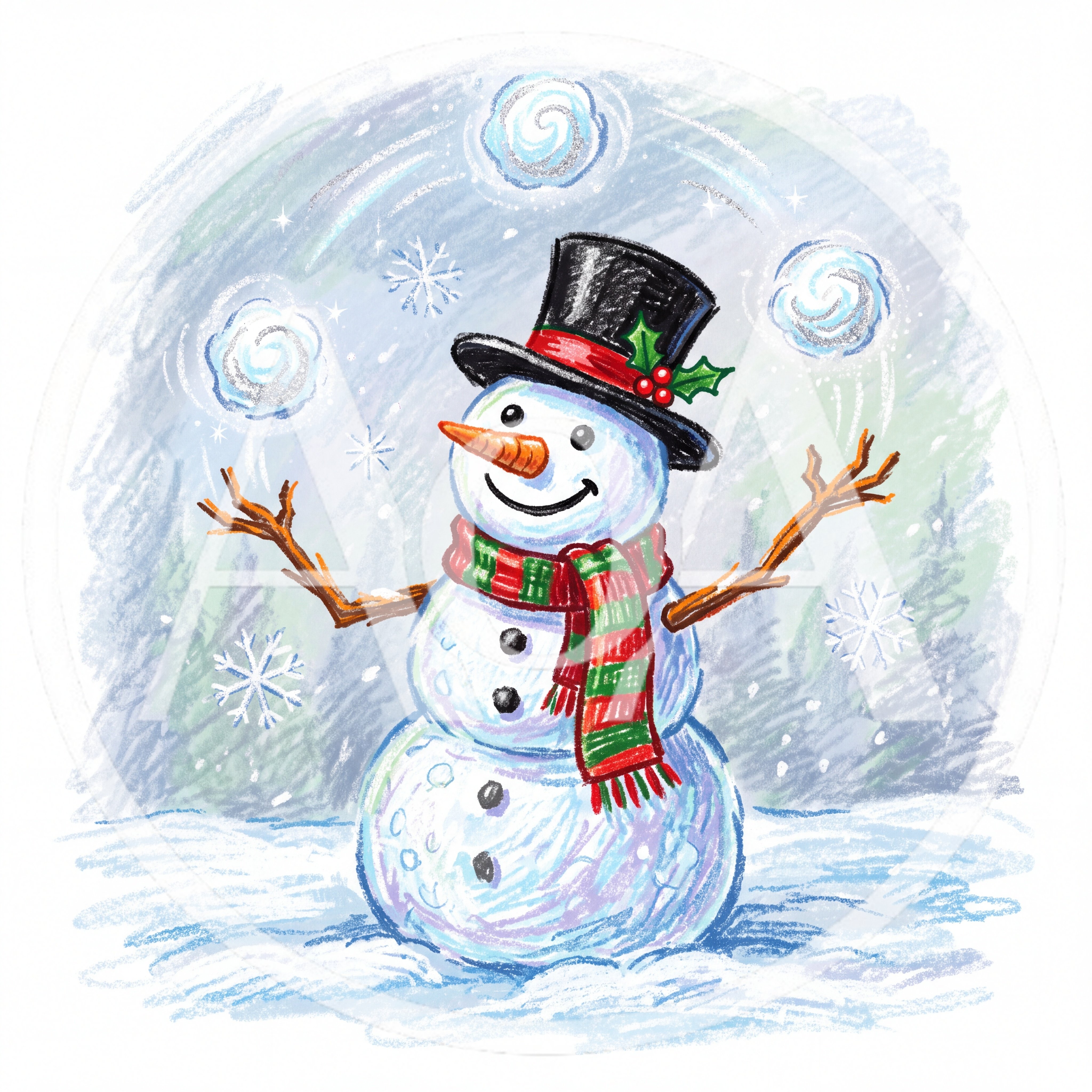 Cheerful Snowman Juggling Snowballs In Winter Landscape