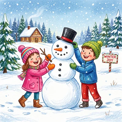 Children Building A Snowman In A Winter Landscape