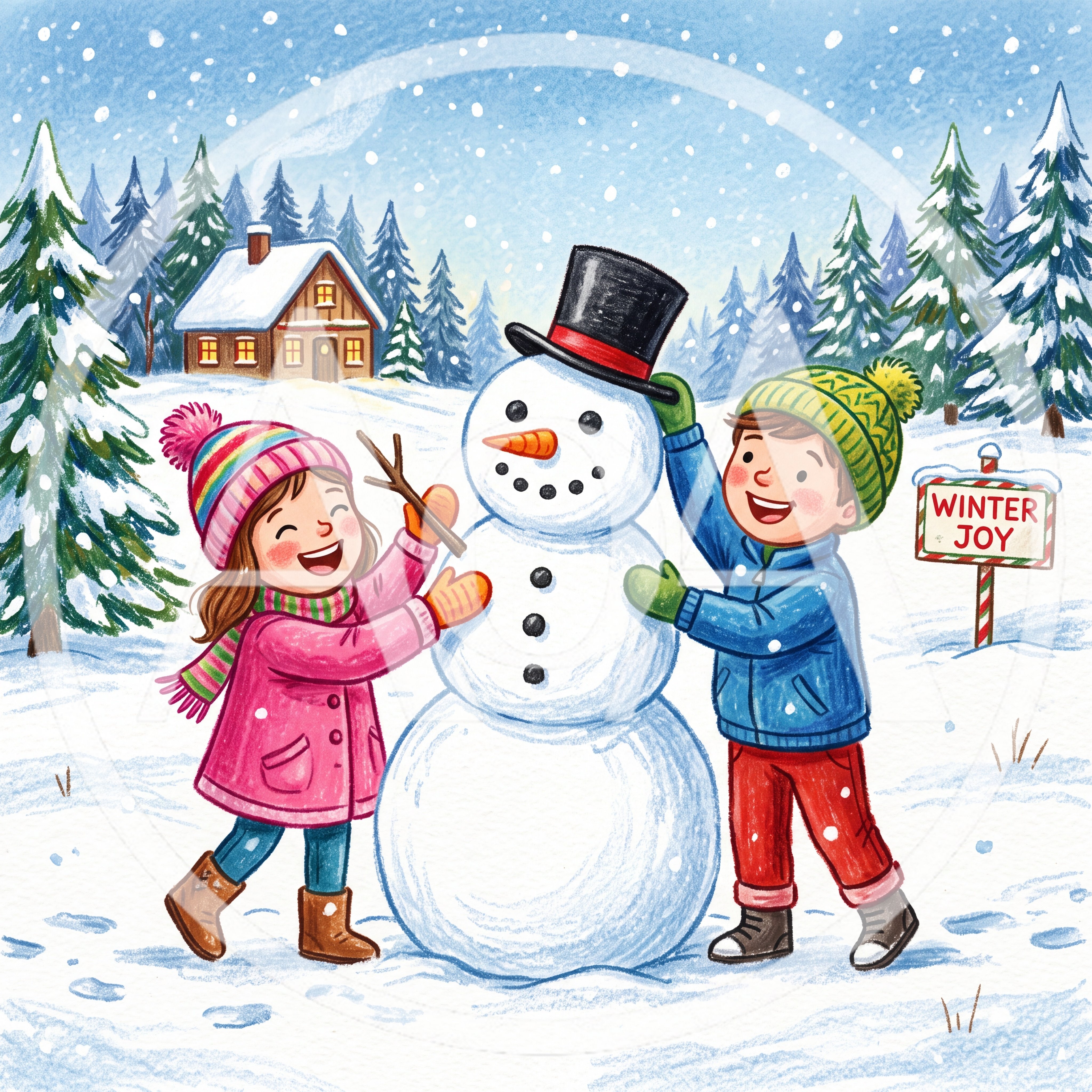 Children Building A Snowman In A Winter Landscape