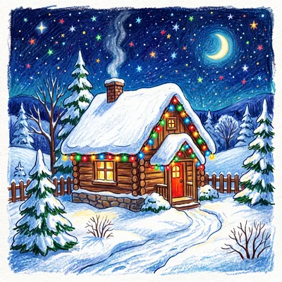 Cozy Log Cabin Decorated With Christmas Lights In Winter