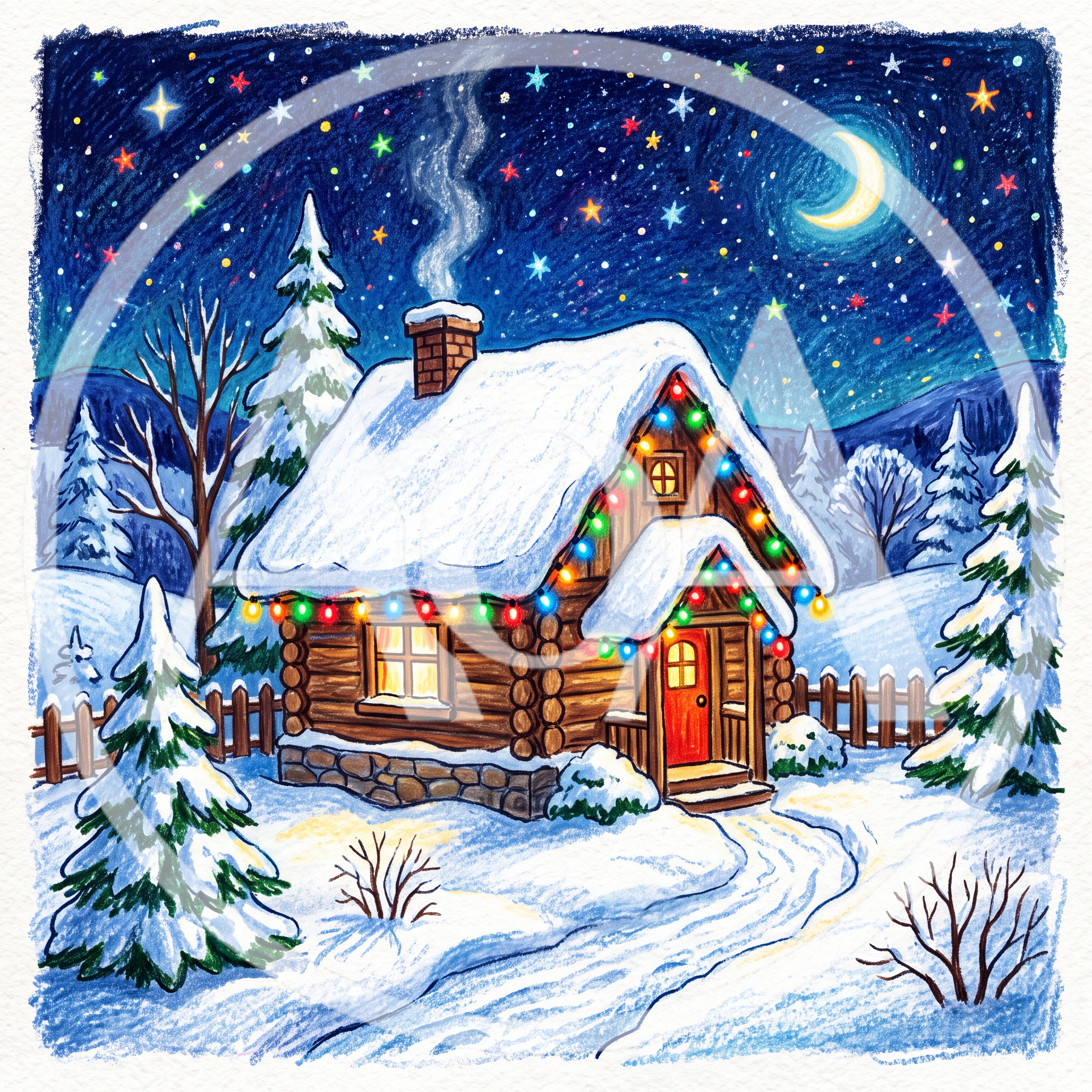 Cozy Log Cabin Decorated With Christmas Lights In Winter