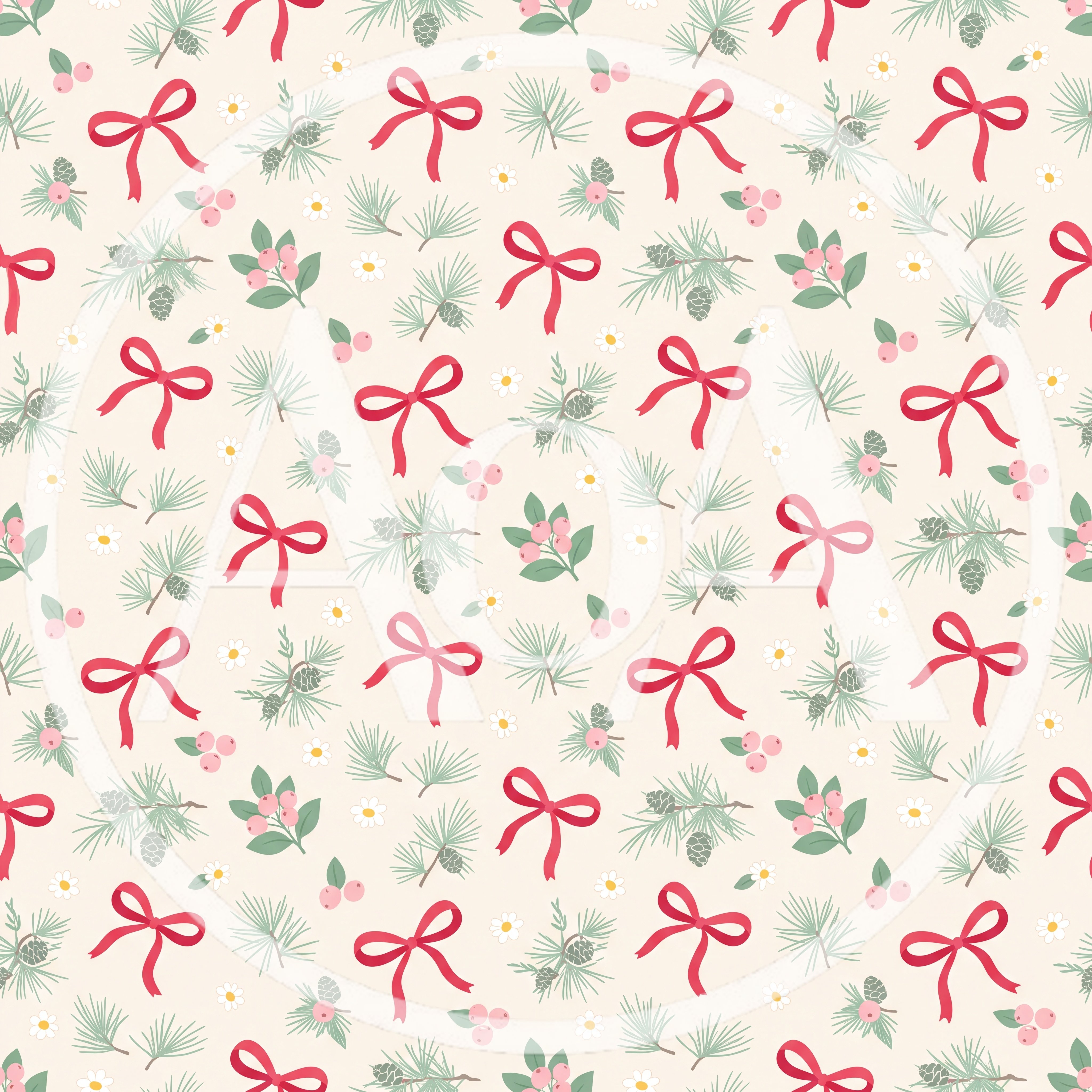 Seamless Christmas Pattern With Red Bows And Pine