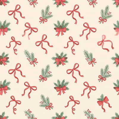 Seamless Christmas Pattern with Pine Branches and Red Bows